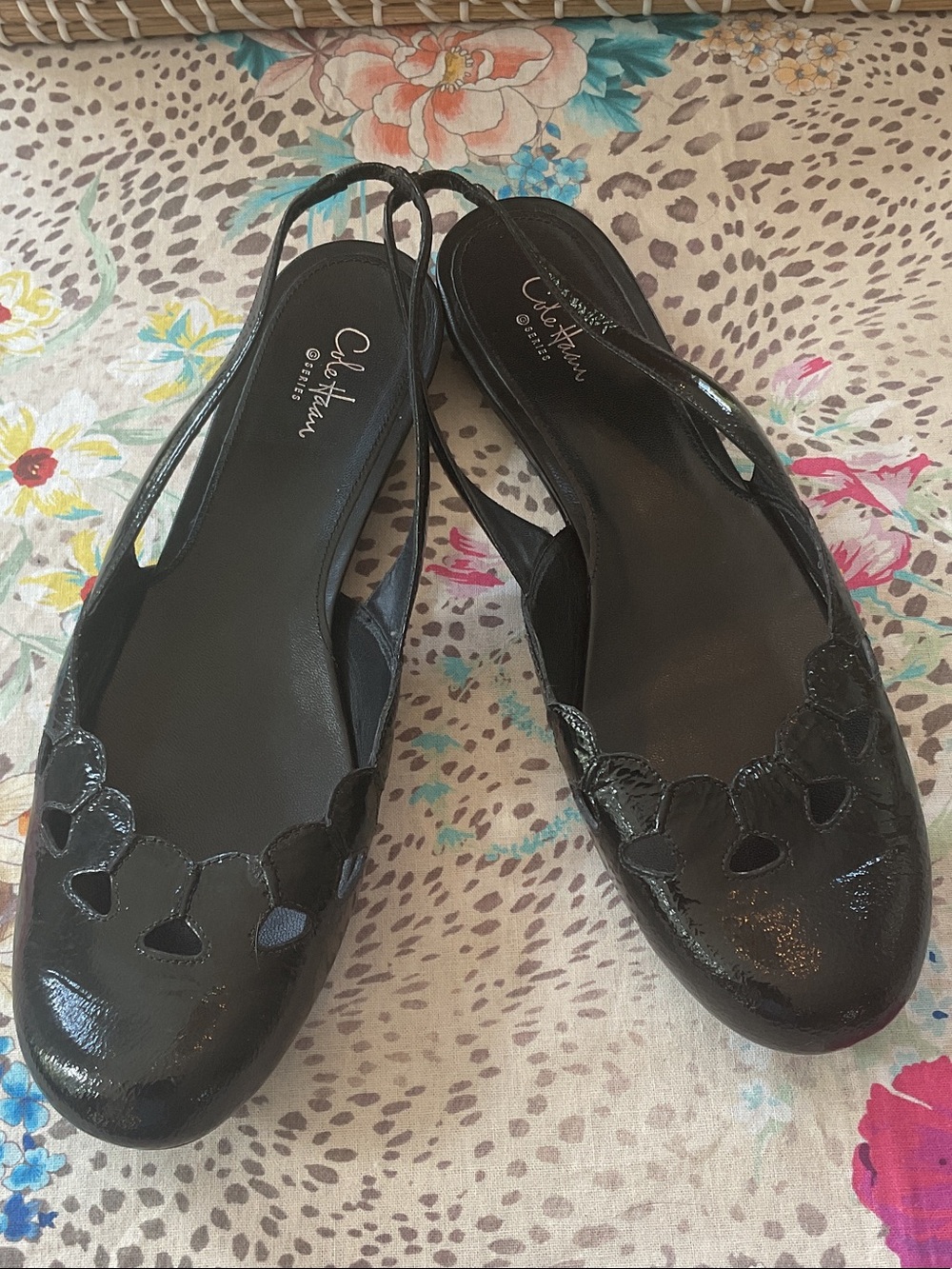 Cole Haan Black Patent Leather Scalloped Slingback Flats